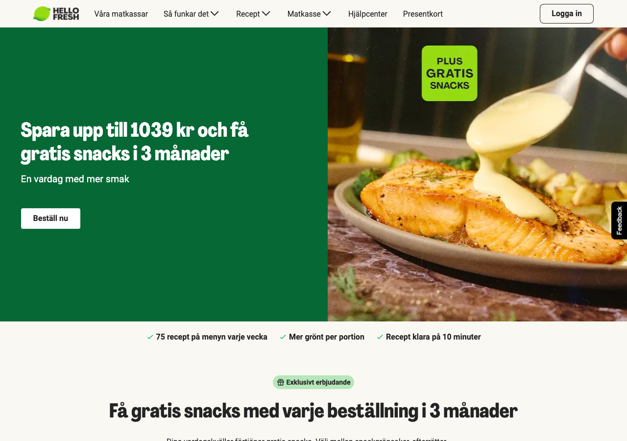 HelloFresh Sveriges startsida med aktuellt erbjudande och recepturval