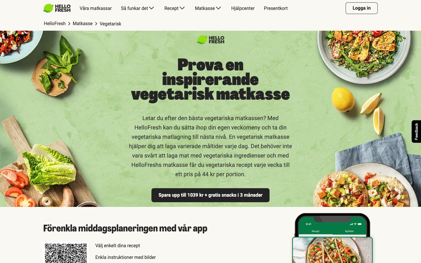 HelloFresh Vegetarisk, startsidan för den dedikerade vegetariska matkassen