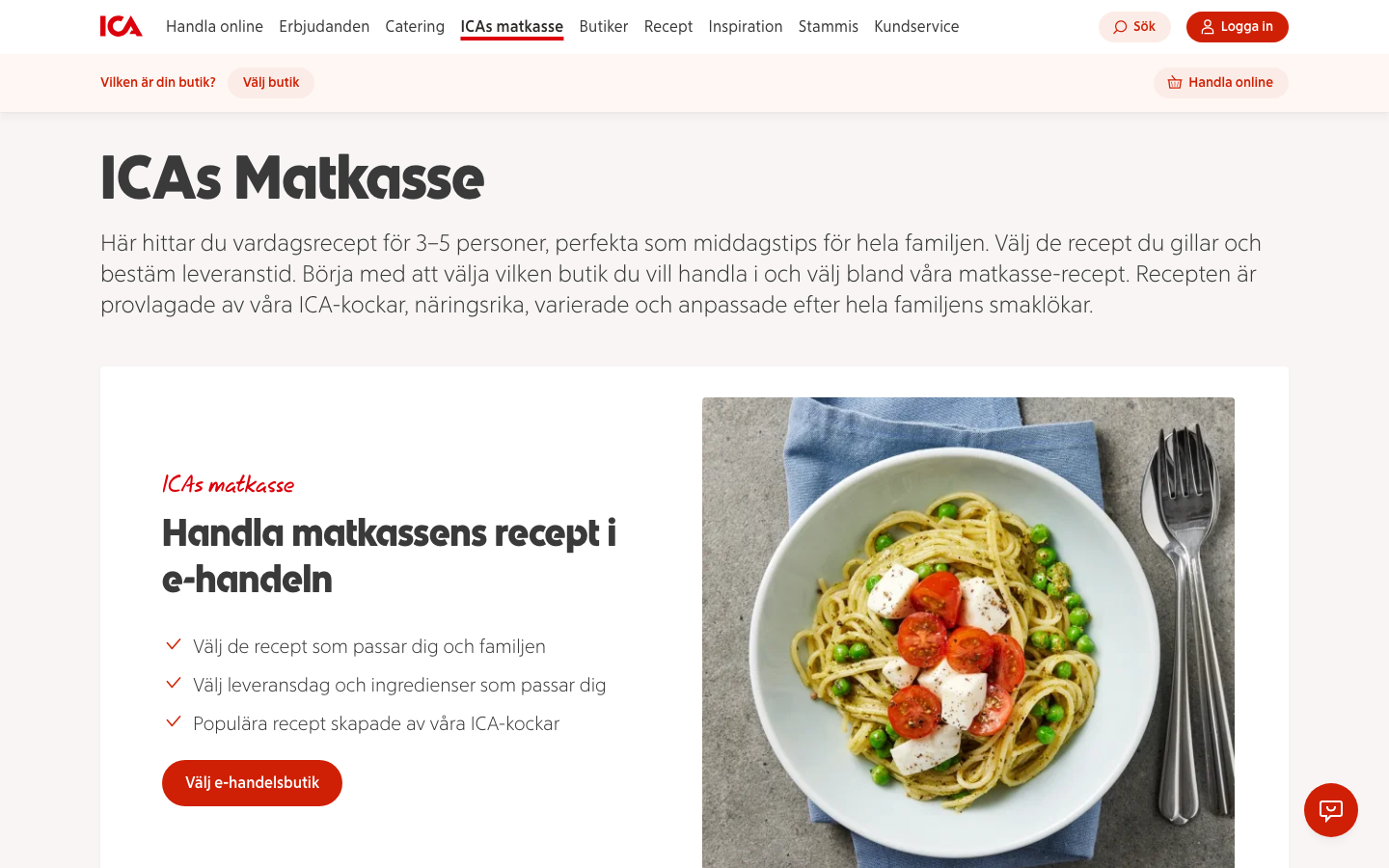 ICAs matkasse-sida som anger vardagsrecept för 3 till 5 personer