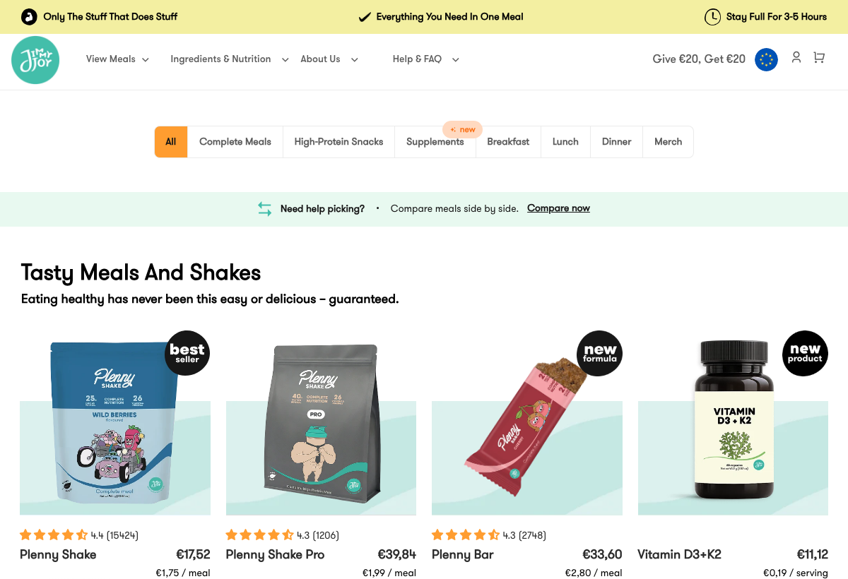 Page boutique officielle de Jimmy Joy montrant le Plenny Shake, le Plenny Shake Pro et le Plenny Bar avec les prix actuels
