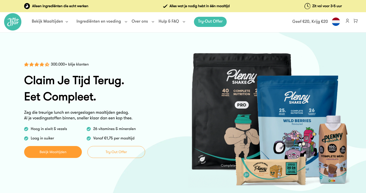 Homepage van Jimmy Joy met de Plenny Shake maaltijdvervanger vanaf 1,75 euro per maaltijd