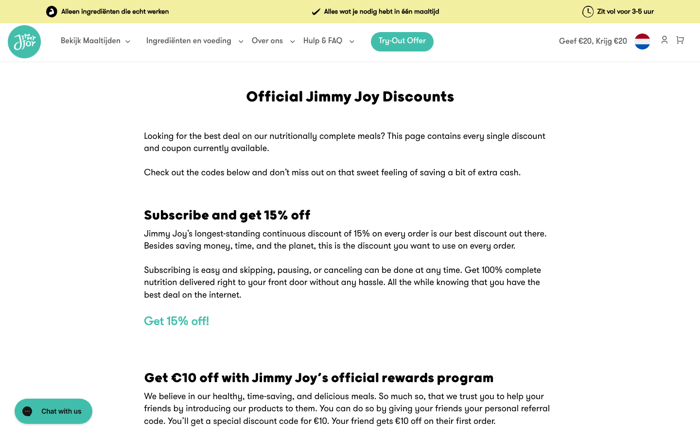 Screenshot van de officiele Jimmy Joy kortingenpagina met de 15 procent abonnementskorting
