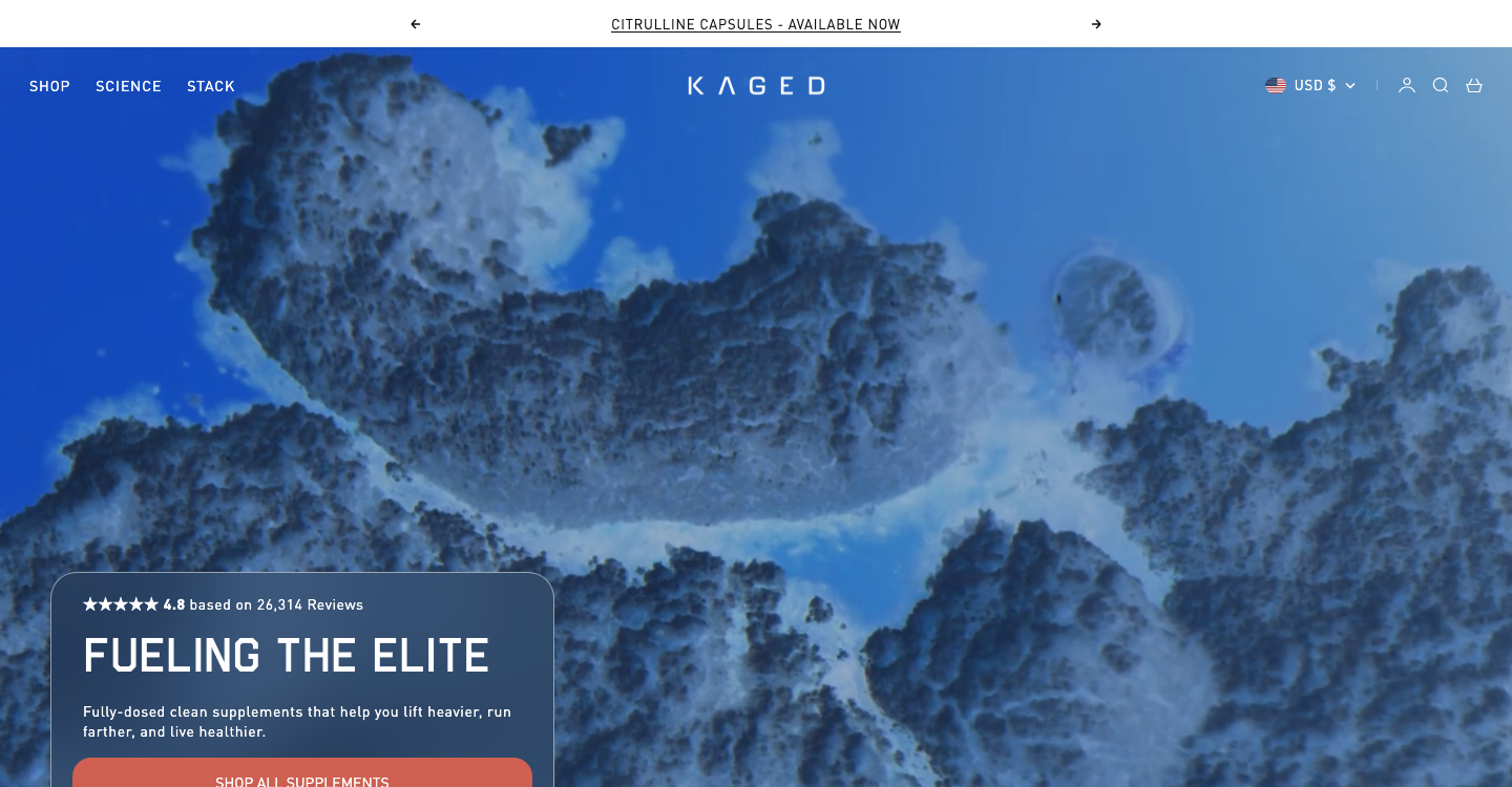 Kaged brand homepage showing its supplement lineup and customer rating