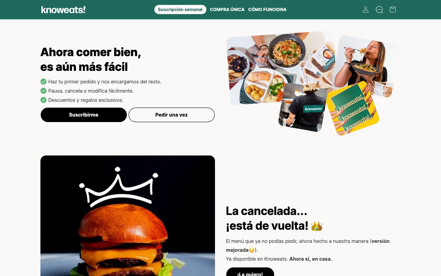 Página de inicio de Knoweats, platos preparados por objetivo nutricional