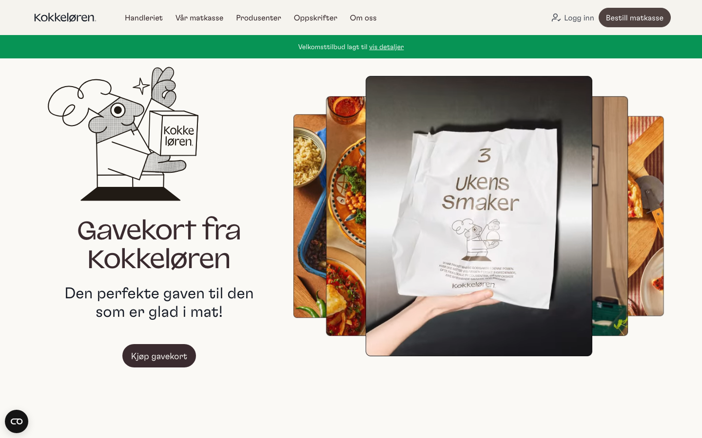 Kokkeløren sin gavekort-side med kjøp gavekort-knapp