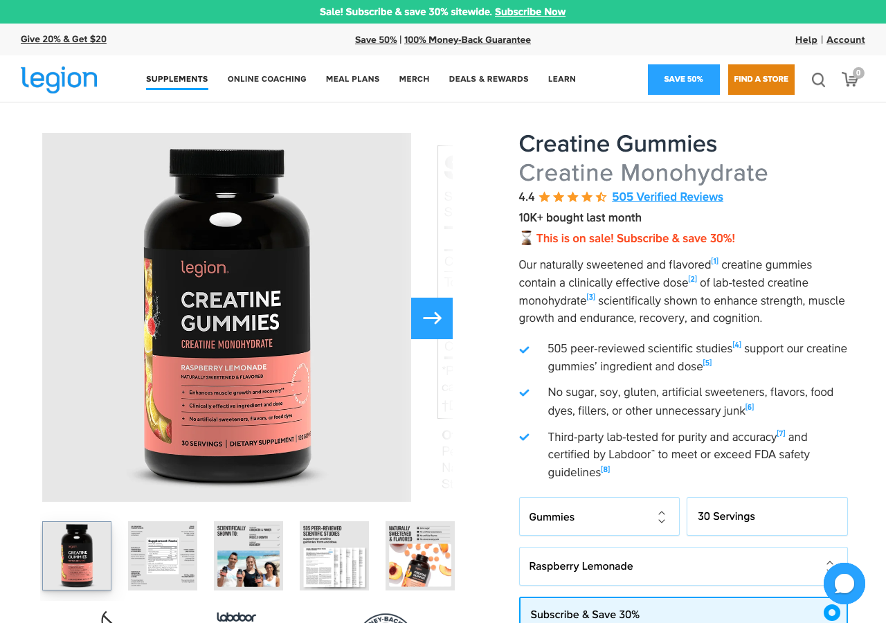 Legion Creatine Gummies official product page showing Raspberry Lemonade flavor, 30 servings, and third-party testing badges