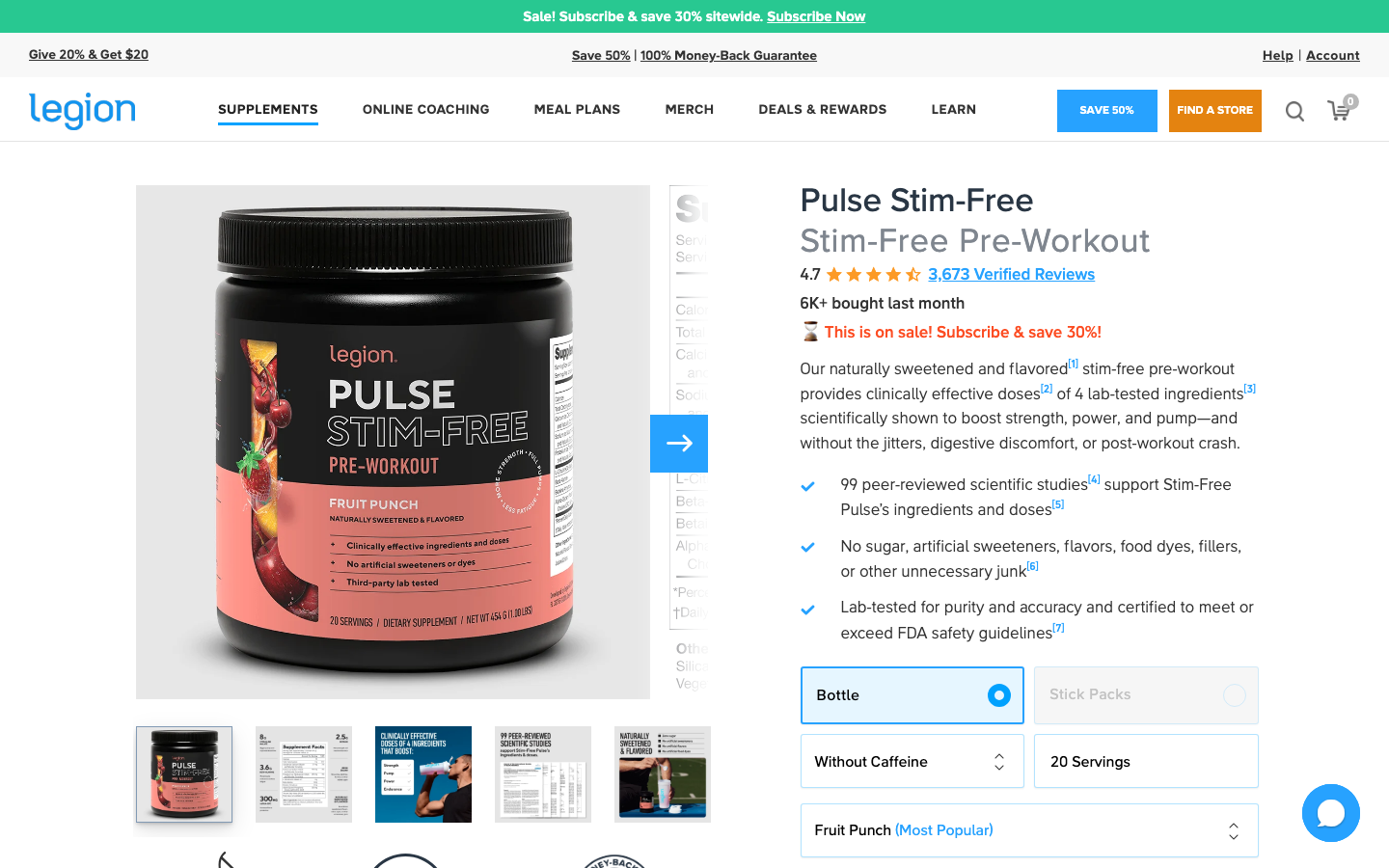 Página de producto de Legion Pulse Stim-Free, pre-entreno sin cafeína con Alpha-GPC