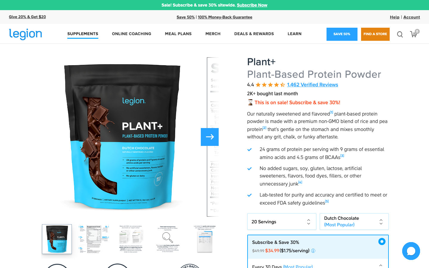 Legion Plant+ product page showing 24 grams of protein and Dutch Chocolate flavor