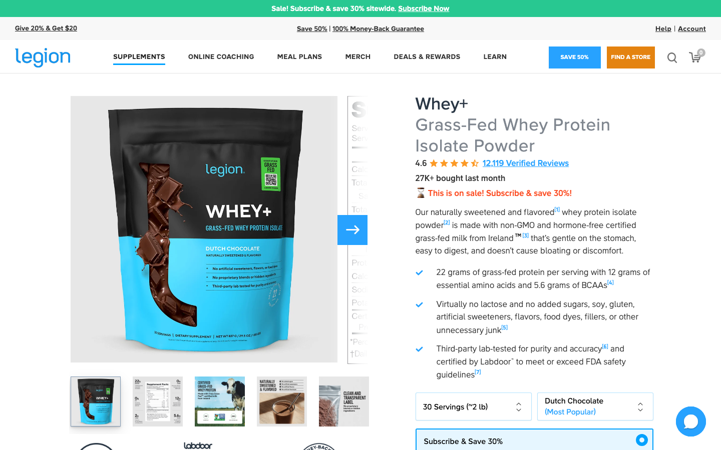Legion Whey+ official product page showing 22 grams of protein and 5.6 grams of BCAAs per serving