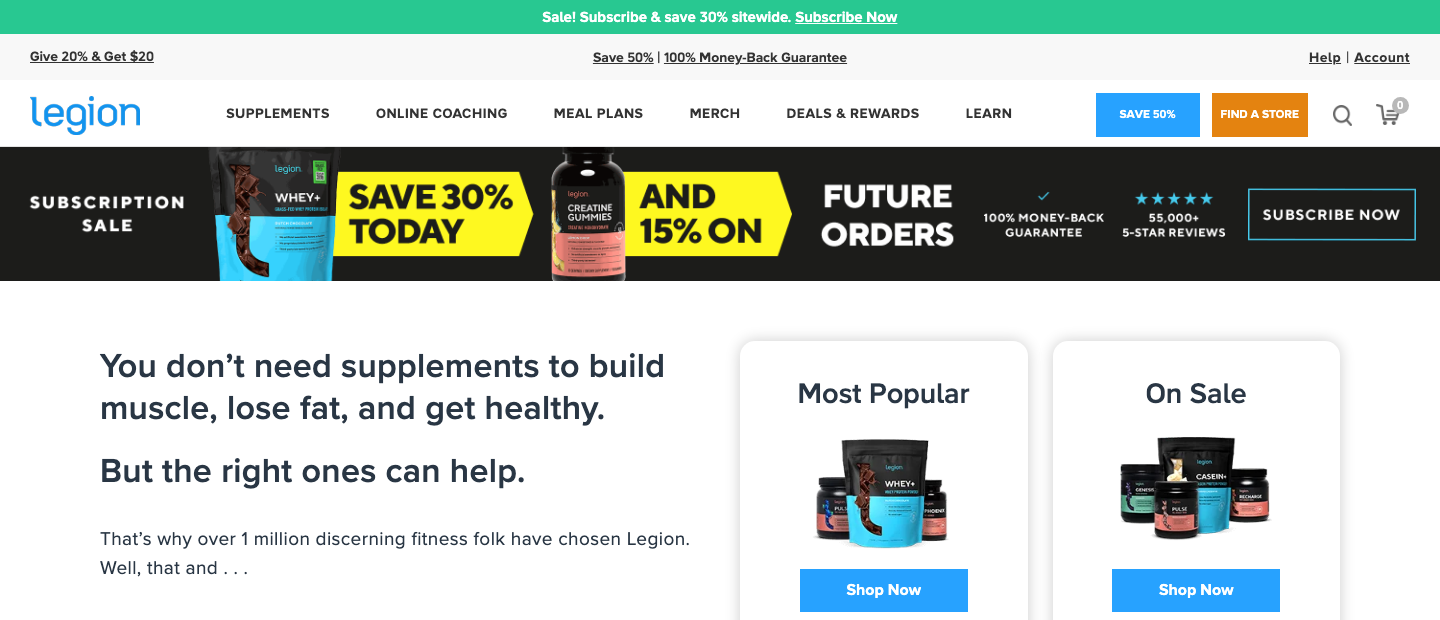 Legion Athletics homepage showing Pulse pre-workout and Whey+ protein products