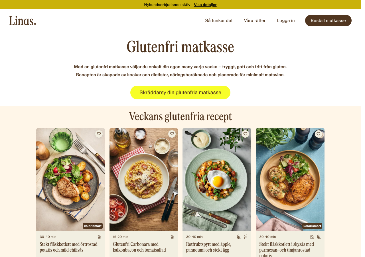 Skärmdump av Linas Matkasses sida för glutenfri matkasse med veckans glutenfria recept