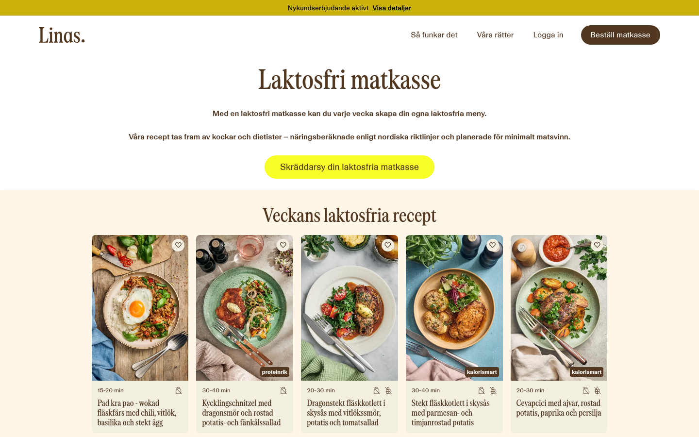 Skärmdump av Linas Matkasses laktosfria matkasse med veckans laktosfria recept