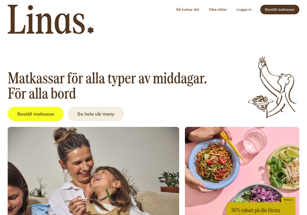 Linas Matkasses startsida med menyval och beställningsknapp
