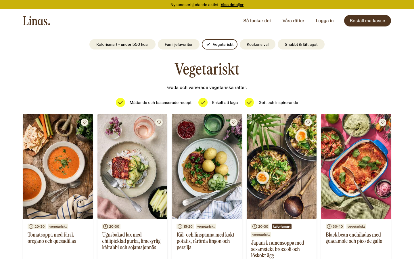 Linas Matkasse med det vegetariska filtret aktiverat i receptmenyn