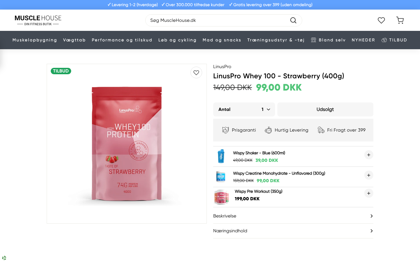 LinusPro Whey 100 (Strawberry, 400 g) hos den danske forhandler Muscle House