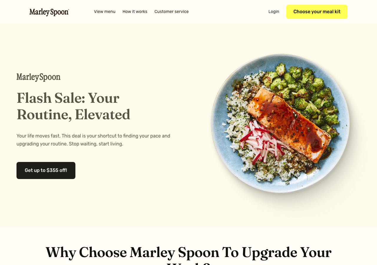 Marley Spoon flash sale landing page showing the Get up to $355 off offer banner