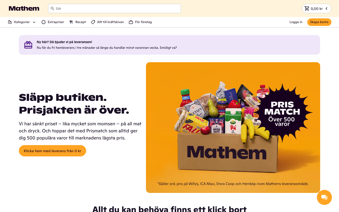 Skärmdump av MatHems startsida med matlåda och prismatch