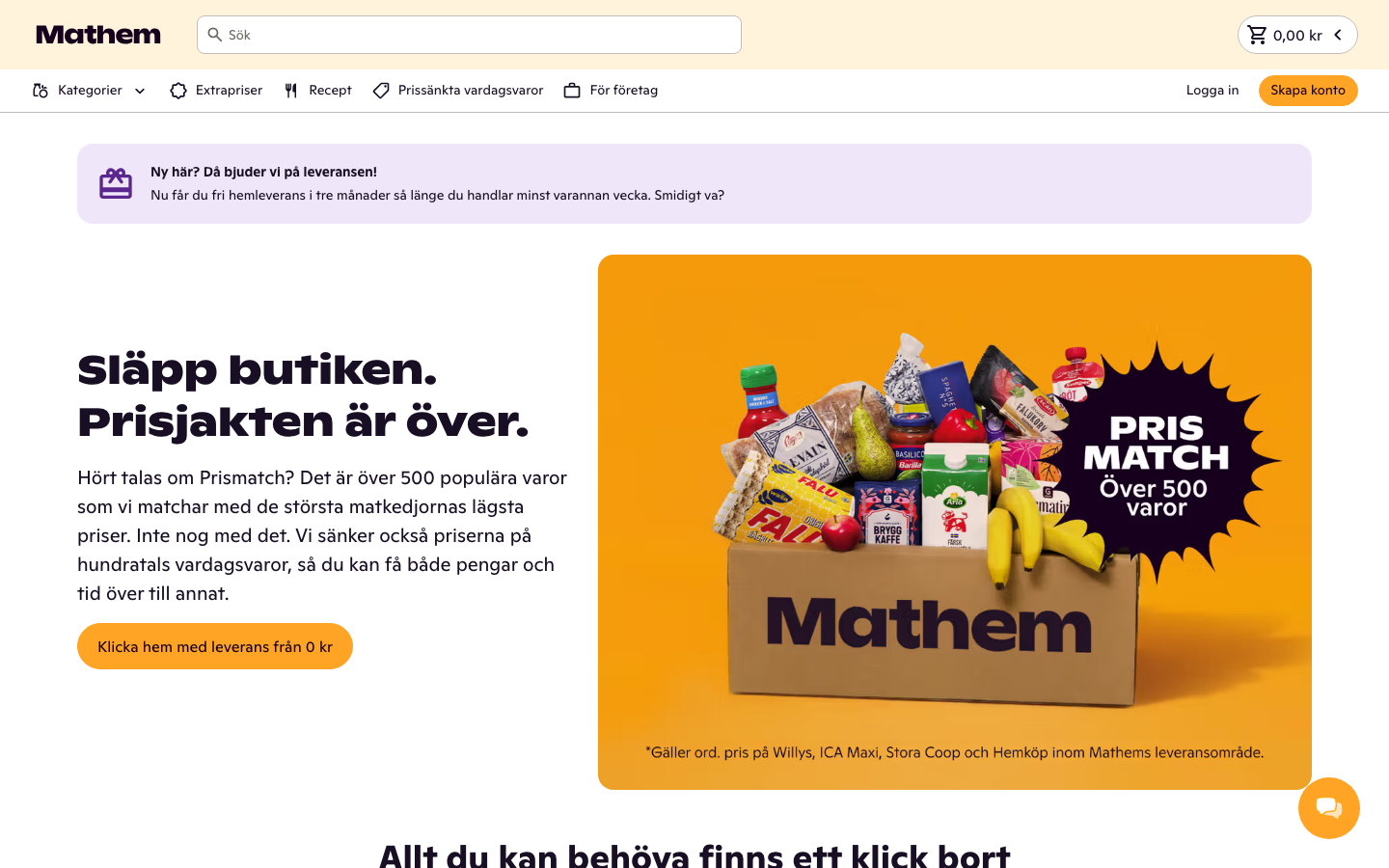 MatHem startsida för livsmedels-e-handel med receptbibliotek