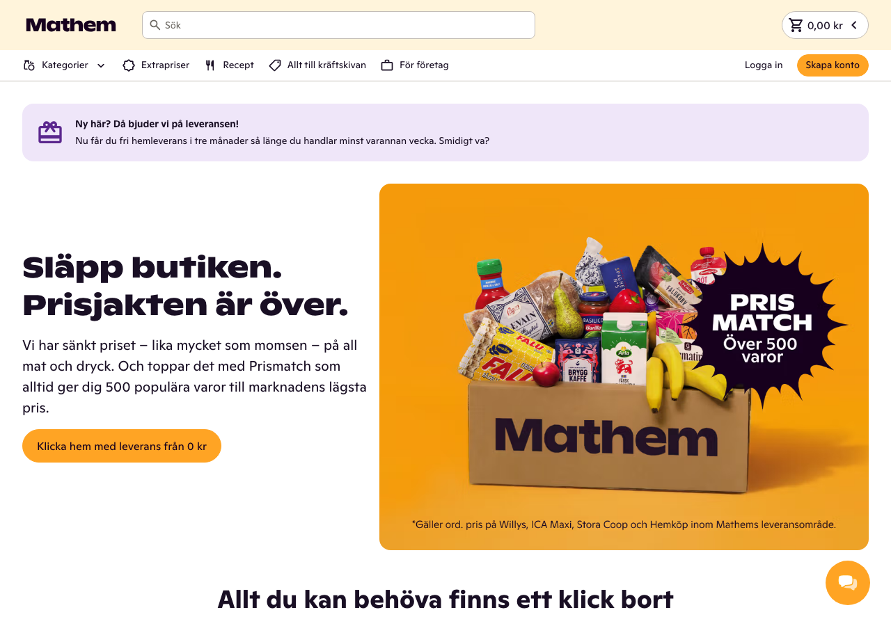 MatHems startsida med sökfält och kategorier för matvaror