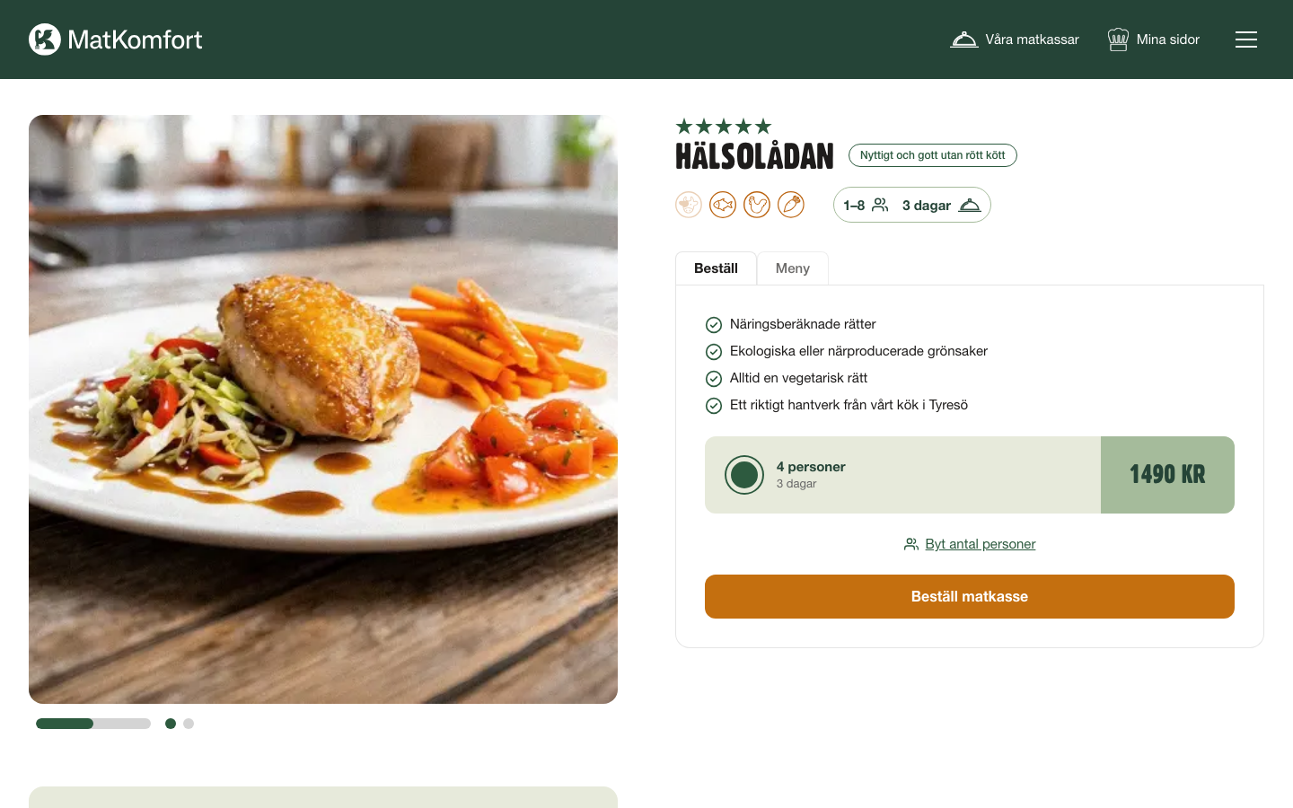 MatKomfort Hälsolådan, nyttigt och gott utan rött kött, 1490 kronor för 4 personer och 3 dagar