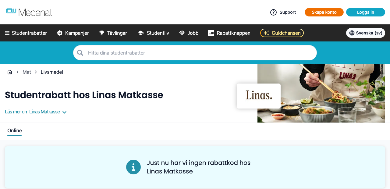 Mecenats studentrabattsida för Linas Matkasse som visar meddelandet att ingen rabattkod finns tillgänglig just nu