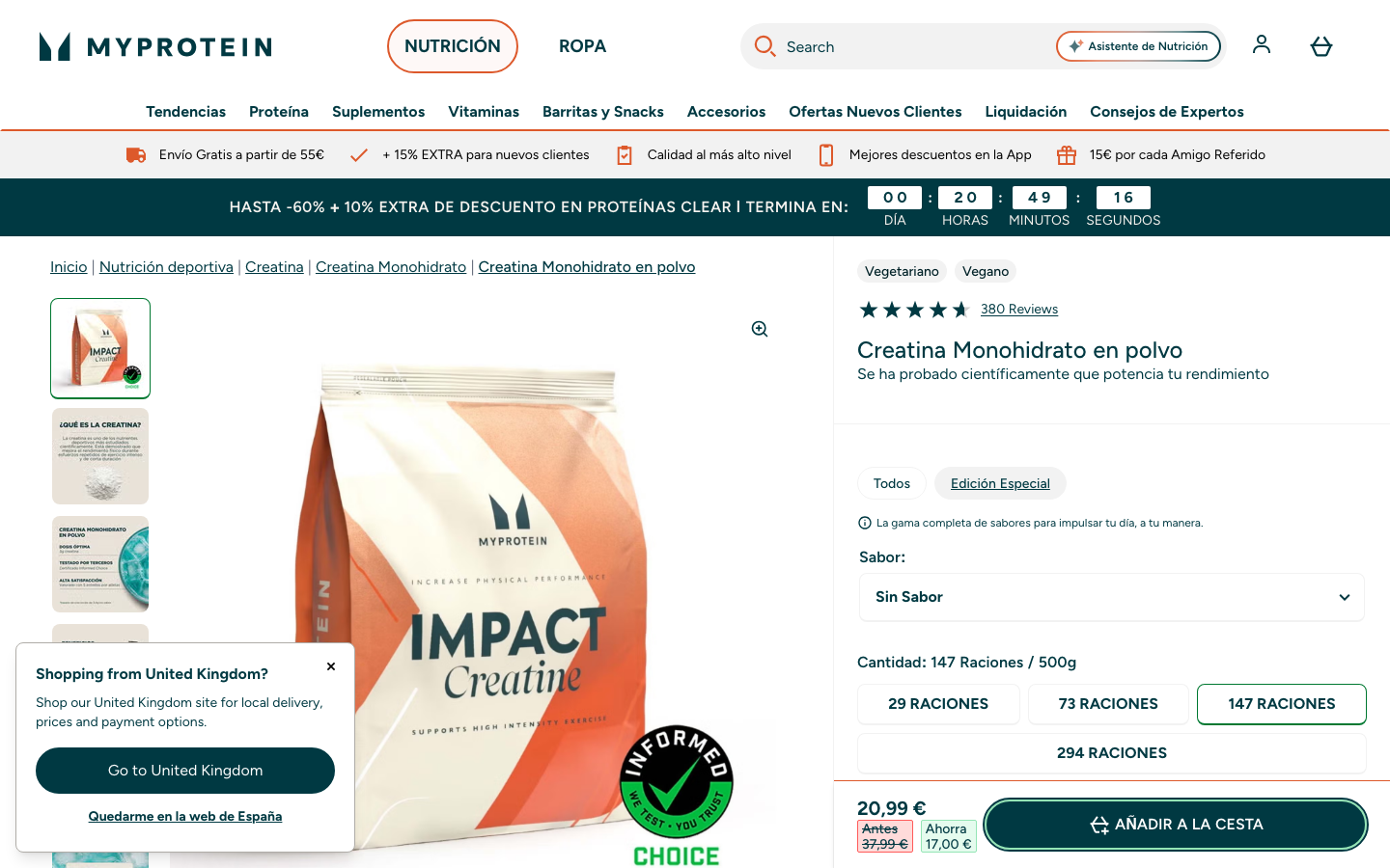 Ficha de producto de la Creatina Monohidrato en polvo de MyProtein en myprotein.es