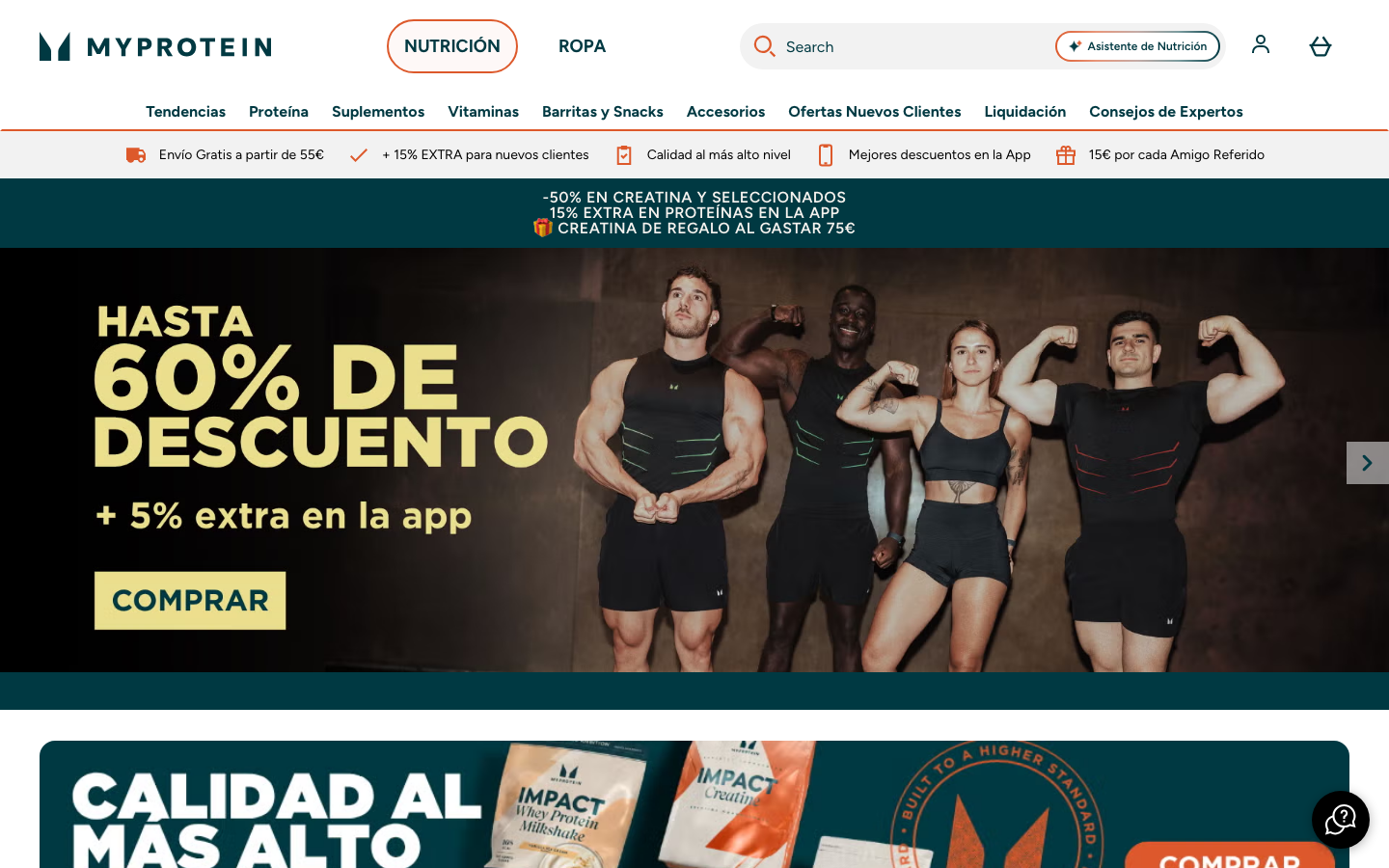 Captura de pantalla de la página de inicio de MyProtein.es