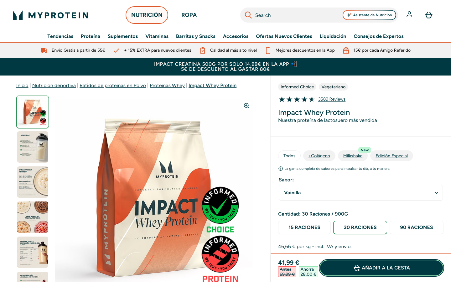 Ficha de producto de MyProtein Impact Whey Protein en myprotein.es, 900g, 30 raciones, precio 41,99 euros