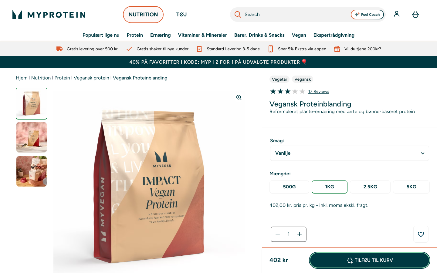 Skærmbillede af MyProtein Vegansk Proteinblanding produktside på myprotein.dk