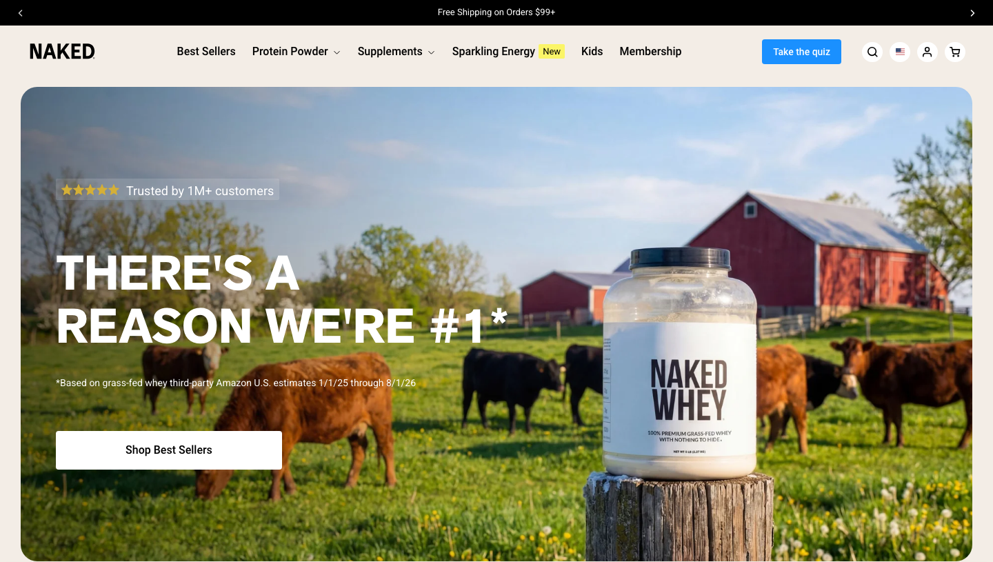 Naked Nutrition homepage featuring Naked Mass weight gainer protein powder