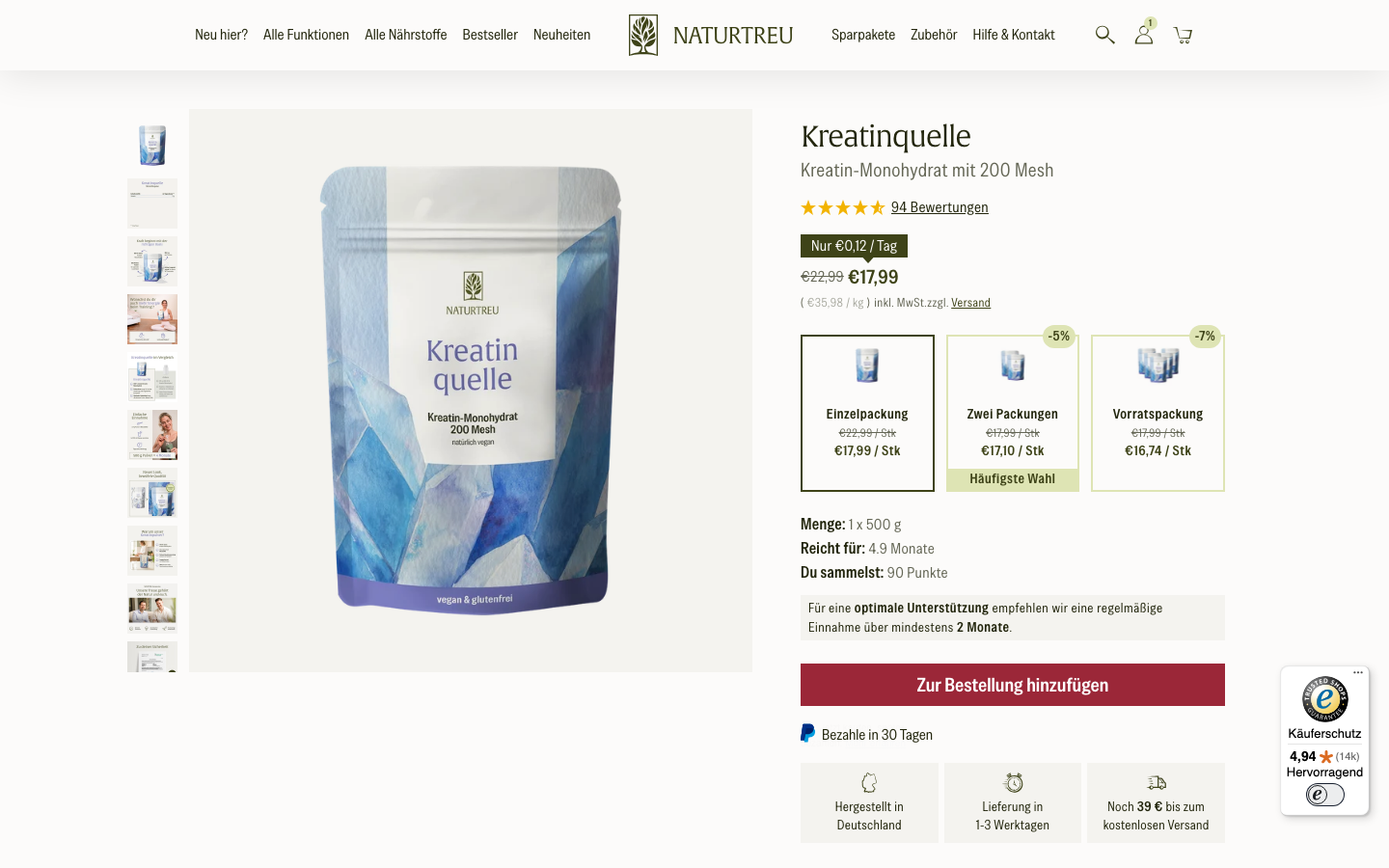 Produktseite von Naturtreu Kreatinquelle, veganes Kreatin Monohydrat aus Deutschland