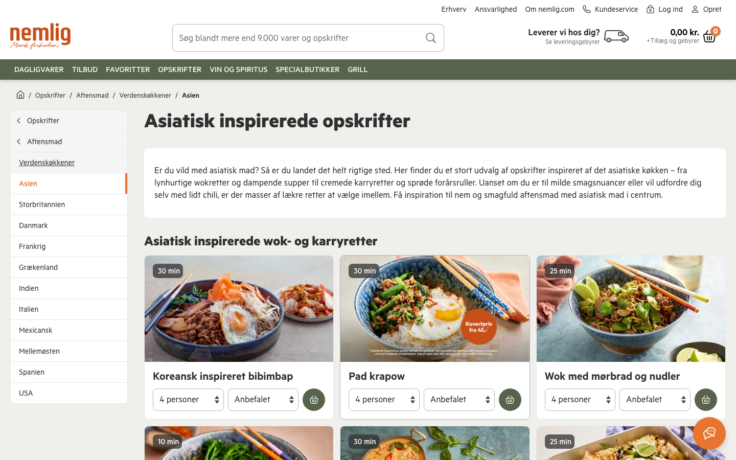 Skærmbillede af Nemlig.coms kategoriside Asiatisk inspirerede opskrifter under verdenskøkkener/asien med wok- og karryretter