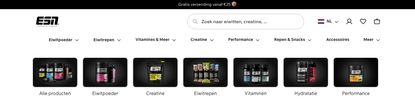 Homepage van nl.esn.com, met het eiwitpoeder-assortiment van ESN