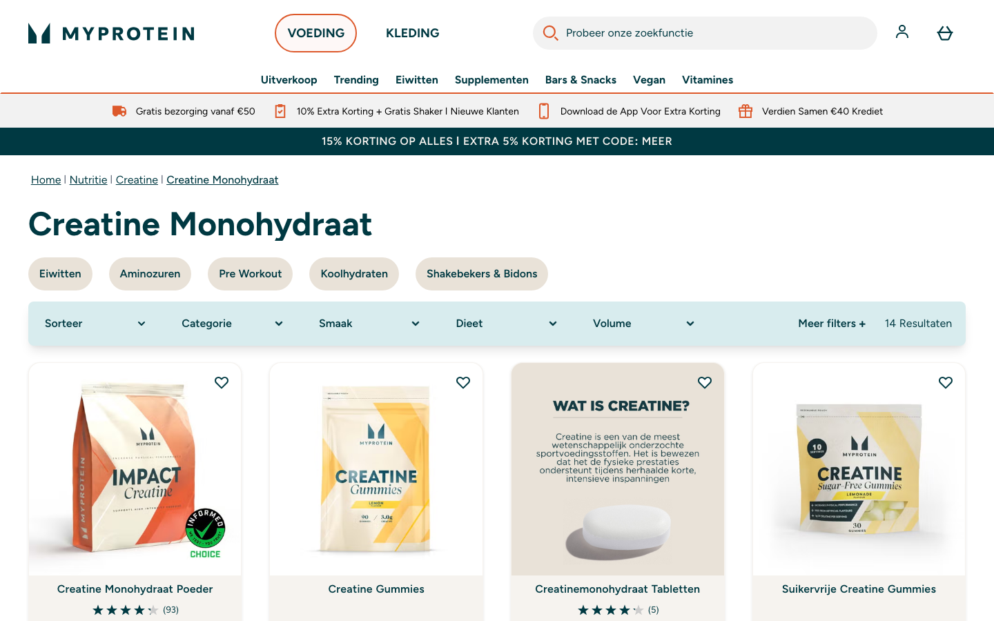 Screenshot van het MyProtein creatine assortiment op de website