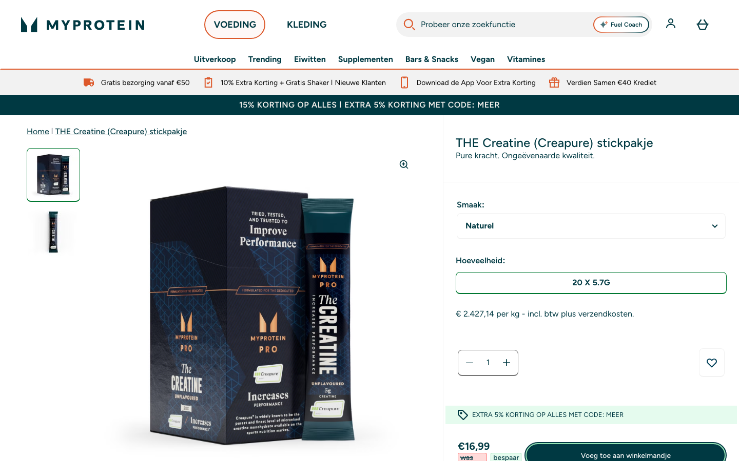 Productpagina van MyProtein THE Creatine Creapure stickpakje op nl.myprotein.com