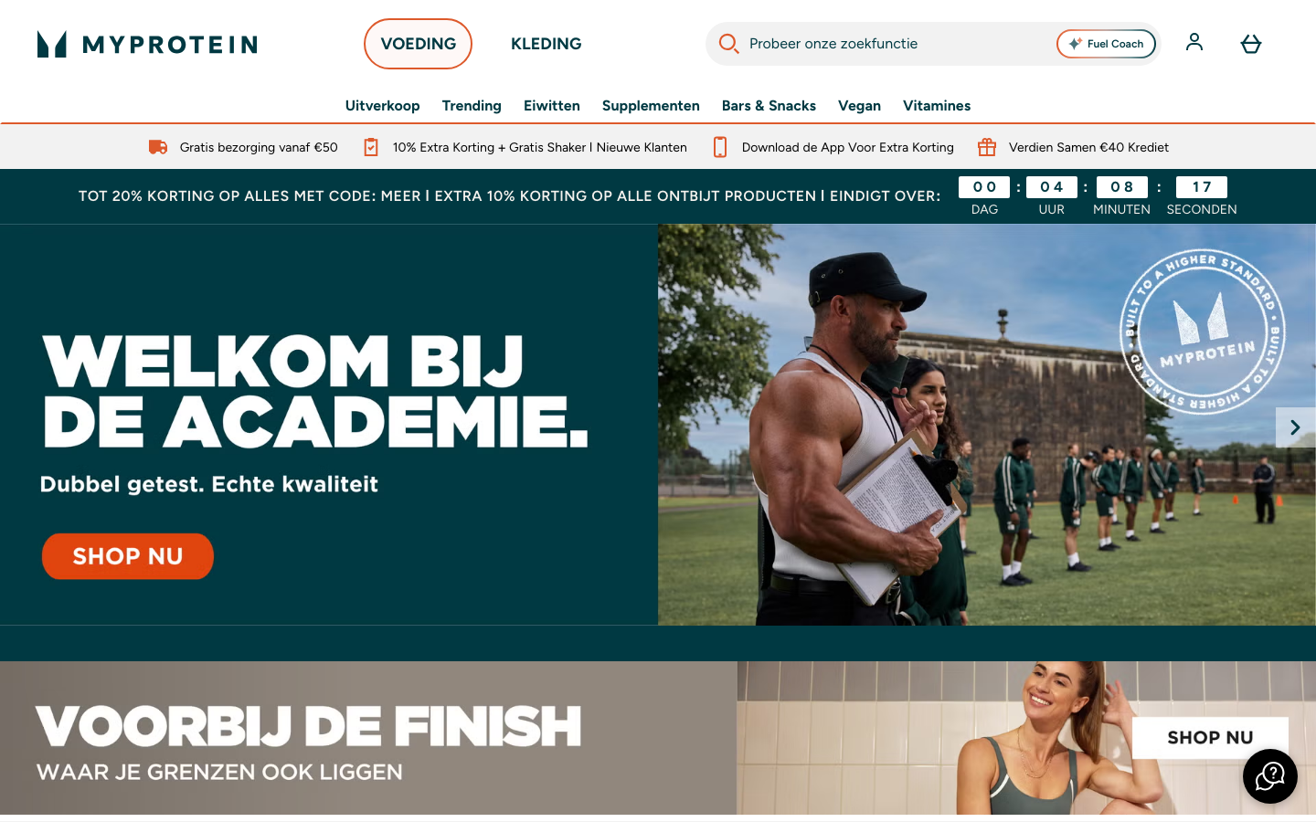 Homepage van nl.myprotein.com met Clear Whey Isolate