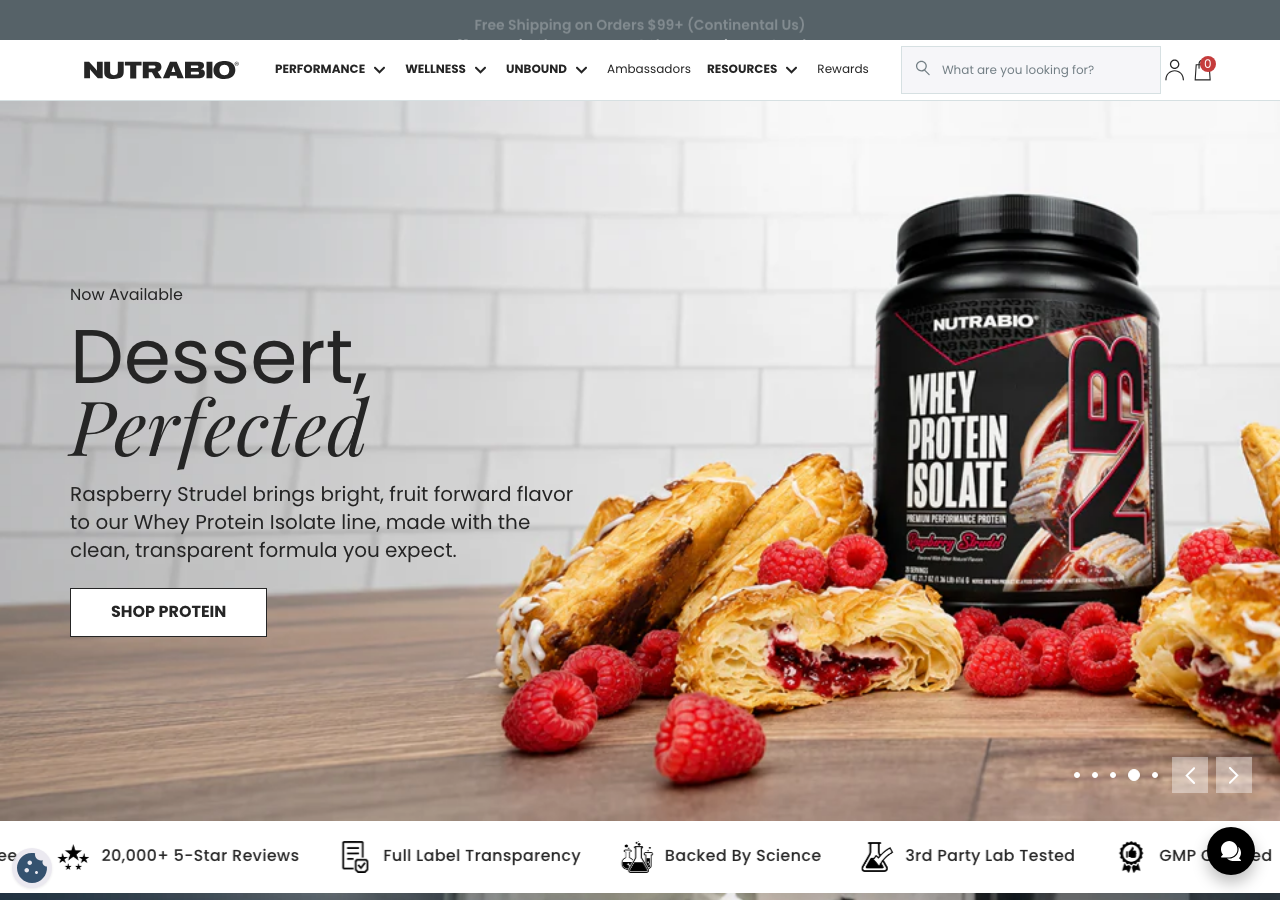 NutraBio official homepage showing its performance supplement line
