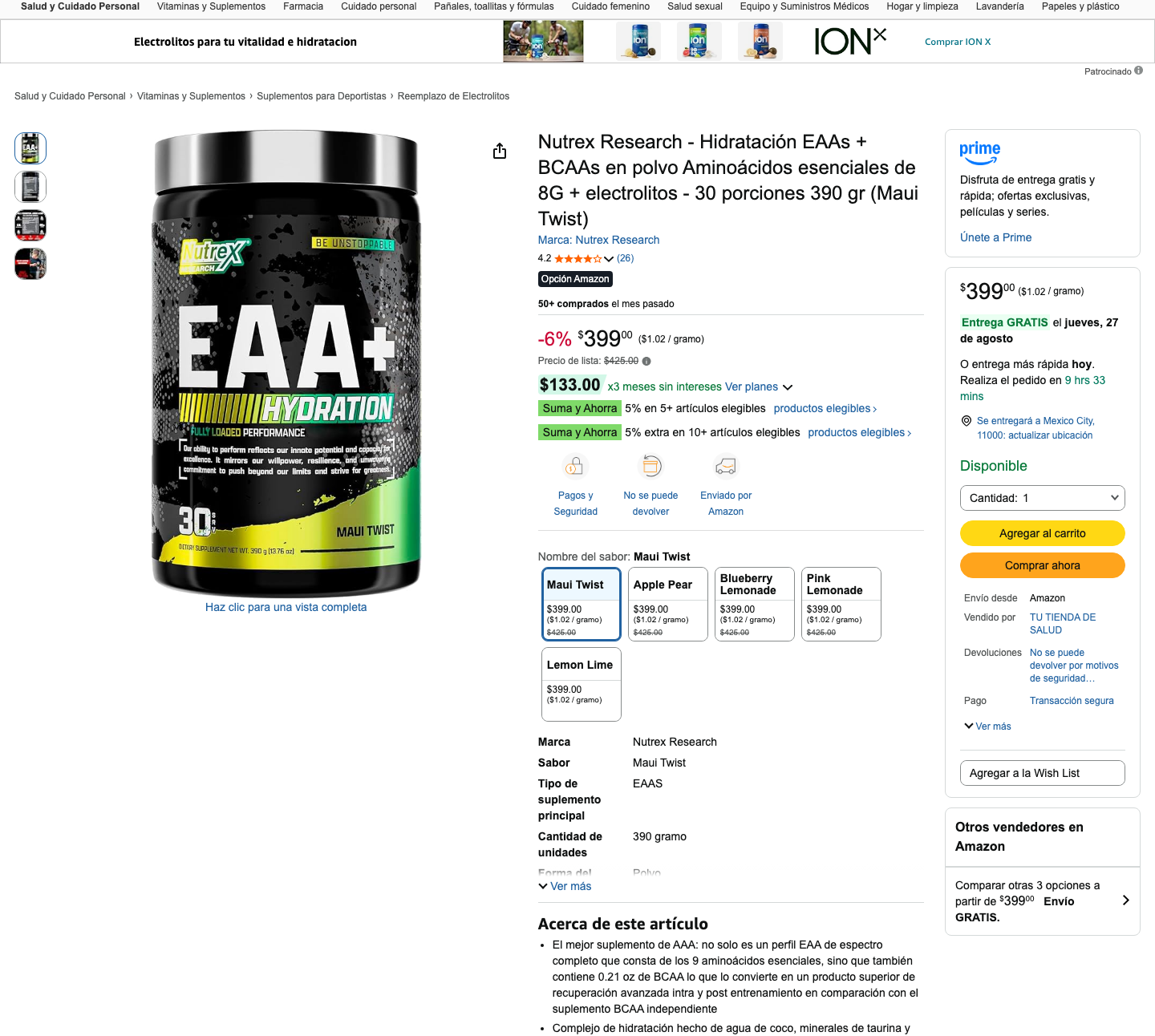 Ficha de producto de Nutrex Research EAA+ Hydration en Amazon México con precio y sabores
