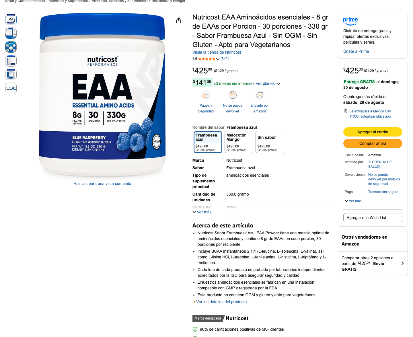 Ficha de producto de Nutricost EAA en Amazon México con precio y valoración de compradores