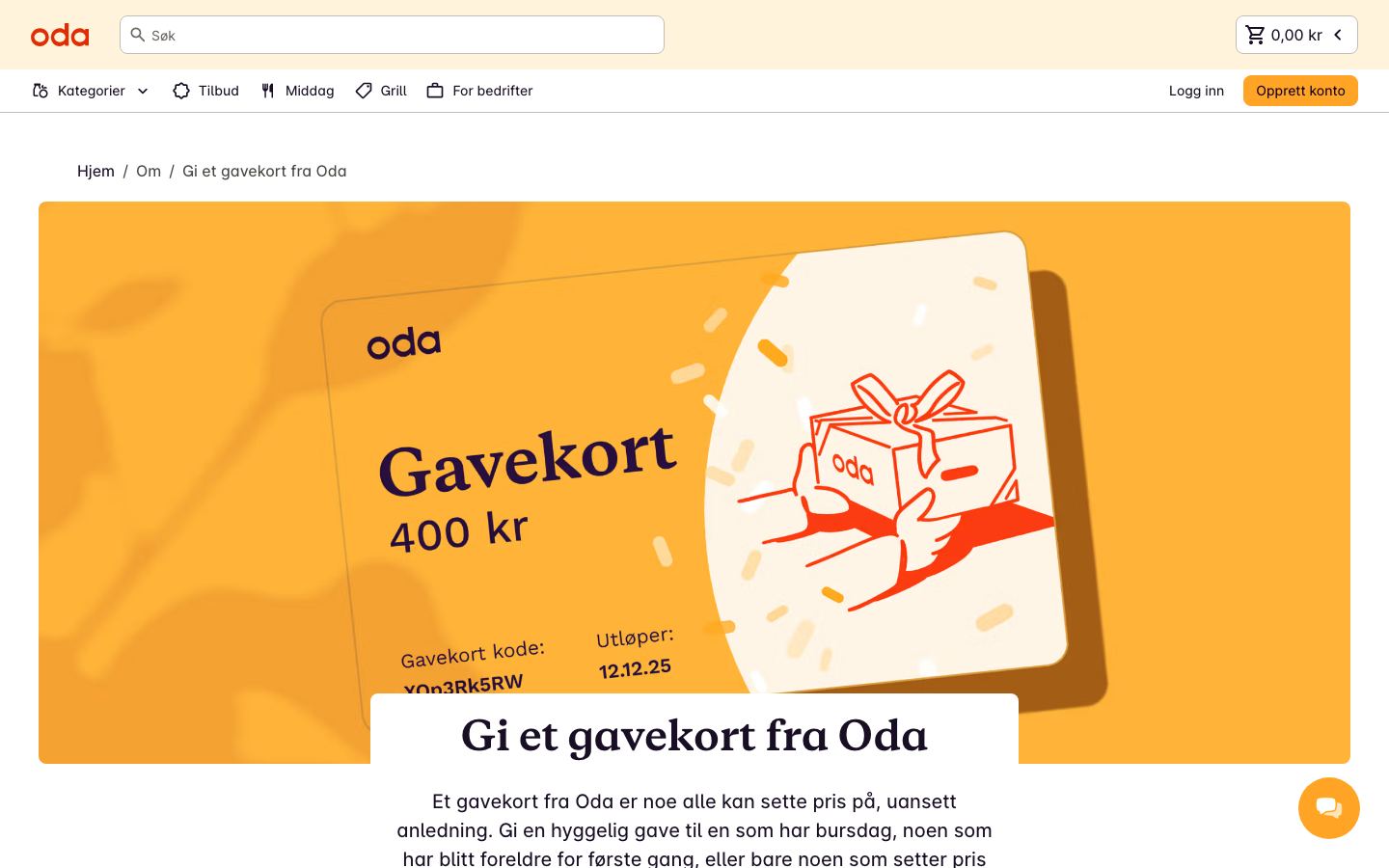 Oda sitt digitale gavekort med eksempel på beløp og utløpsdato