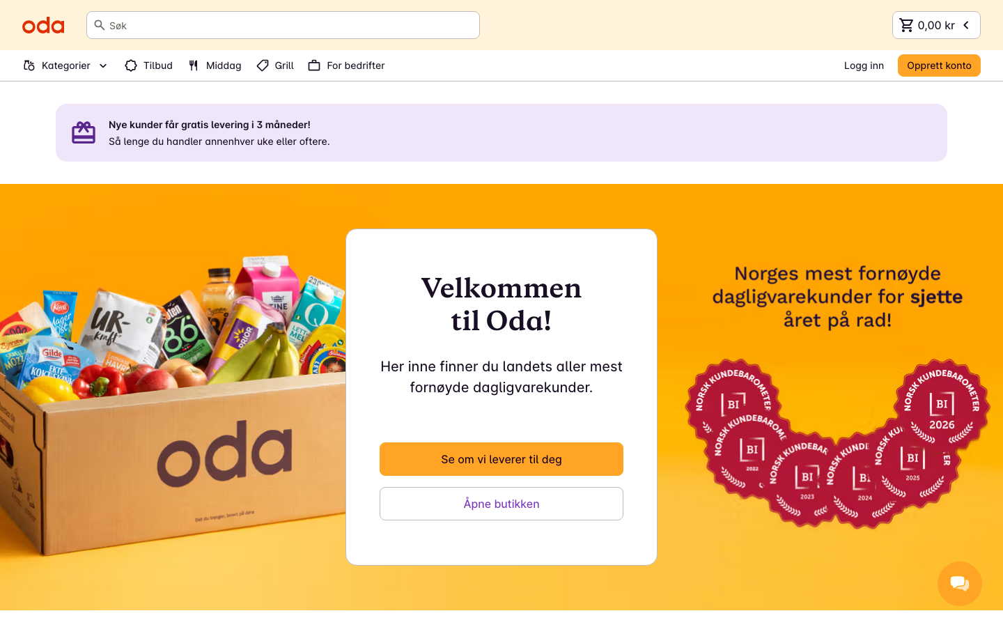 Oda sin forside, en digital dagligvarebutikk med oppskriftsfunksjon