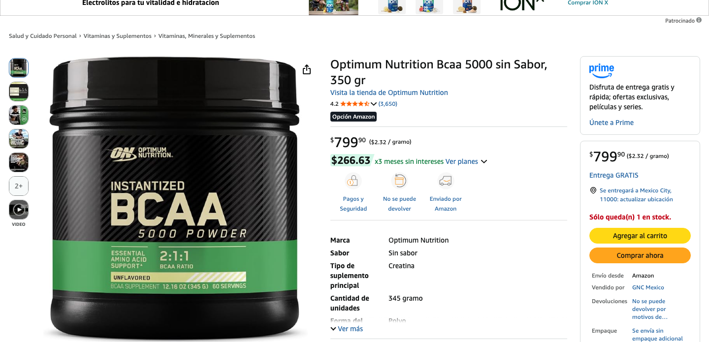 Ficha de producto de Optimum Nutrition BCAA 5000 en Amazon México con precio y valoración