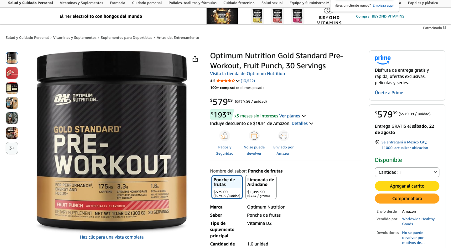 Ficha de producto de Optimum Nutrition Gold Standard Pre-Workout en Amazon México con precio y presentación