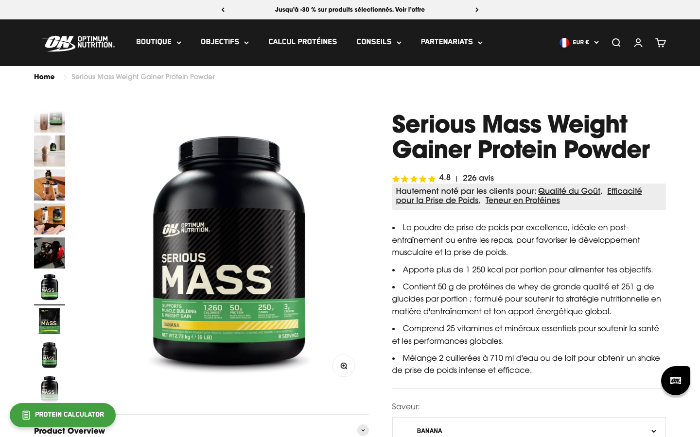 Page produit Optimum Nutrition Serious Mass sur le site officiel français, pot 2,73 kg saveur Banana