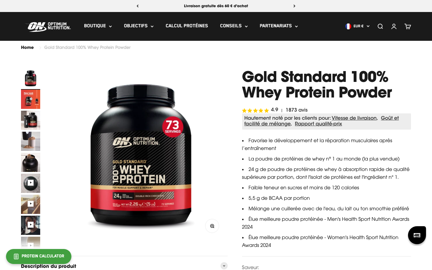 Capture d'ecran de la page produit Gold Standard 100% Whey sur le site officiel Optimum Nutrition France