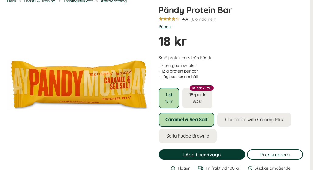 Pändy Protein Bar Caramel Sea Salt visad på återförsäljarens produktsida med pris i kronor och kundbetyg
