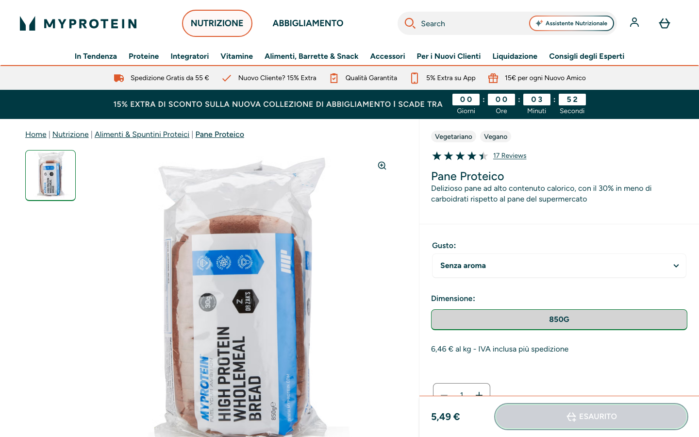 Pagina prodotto ufficiale MyProtein del Pane Proteico da 850 grammi, con prezzo di 5,49 euro, valutazione di 4,4 stelle su 17 recensioni e pulsante esaurito