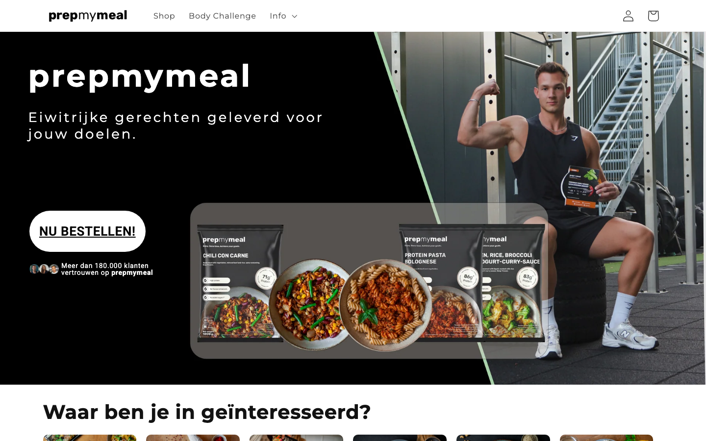 Screenshot van de PrepMyMeal homepage met eiwitgehalte per gerecht en het Body Challenge programma