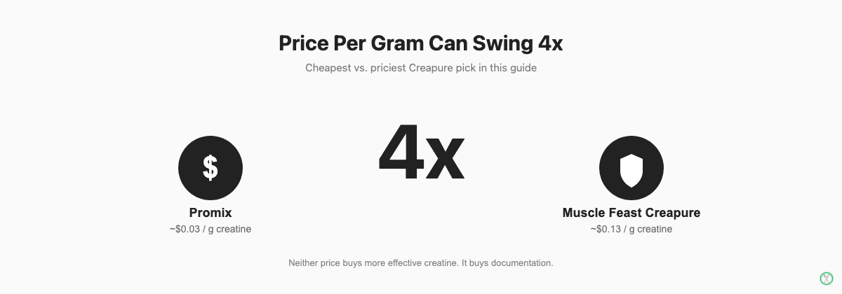 Price per gram of creatine can swing 4x: Promix at about 3 cents per gram versus Muscle Feast Creapure at about 13 cents per gram