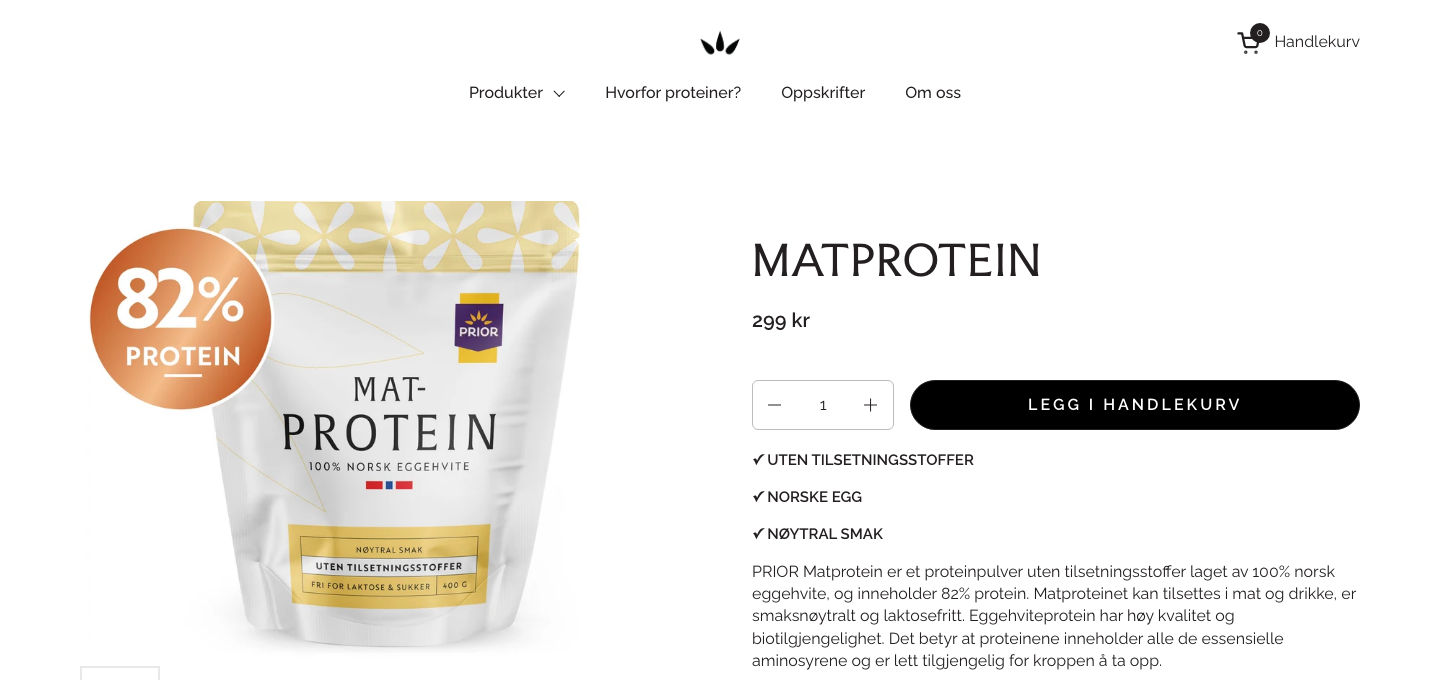 PRIOR Matprotein, norsk eggehvitepulver, produktside
